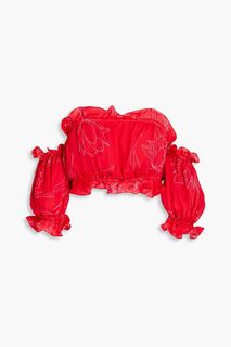 Укороченный шелковый топ с открытыми плечами и цветочным принтом CAROLINA HERRERA, красный