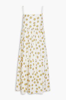 Платье миди из льна и хлопка со сборками с цветочным принтом CHINTI &amp; PARKER, слоновая кость