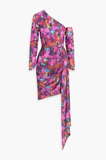 Мини-платье из атласного крепа с одним рукавом и сборками с принтом ONE33 SOCIAL, фиолетовый