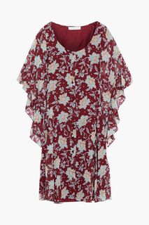 Платье мини из шелкового жоржета с оборками и цветочным принтом CHLOÉ, бордовый Chloe