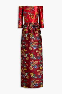 Двухцветное платье из парчи с цветочным принтом и открытыми плечами OSCAR DE LA RENTA, красный