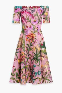 Платье миди из органзы и жаккарда с открытыми плечами OSCAR DE LA RENTA, розовый