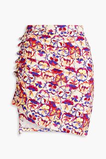 Мини-юбка из джерси со сборками и цветочным принтом PACO RABANNE, красный