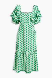 Платье миди Oliver из хлопкового жаккарда с принтом и оборками DIANE VON FURSTENBERG, зеленый