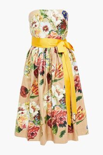 Платье из холщовой ткани со складками без бретелек и цветочным принтом DOLCE &amp; GABBANA, бежевый