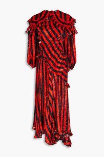 Платье миди из шифона деворе в полоску с оборками Preen By Thornton Bregazzi, красный