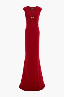Платье макси из эластичного джерси со сборками и аппликациями ROBERTO CAVALLI, красный