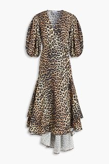 Многослойное платье миди из хлопкового поплина с леопардовым принтом и запахом GANNI, животный принт