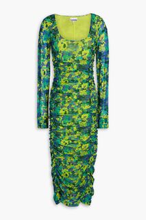 Платье миди из эластичной сетки со сборками и принтом GANNI, зеленый