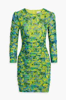 Мини-платье из эластичной сетки со сборками и принтом GANNI, зеленый