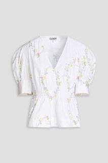 Блузка из хлопкового поплина с цветочным принтом и сборками GANNI, белый