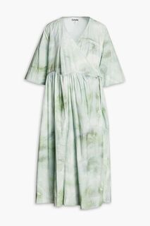 Платье миди с запахом из органического хлопка и поплина, окрашенного в технике тай-дай GANNI, зеленый