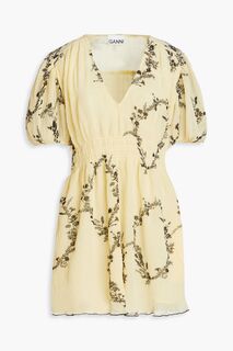 Платье мини из плиссе-жоржета с цветочным принтом GANNI, желтый
