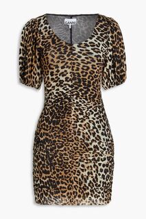Платье мини из эластичной сетки со сборками и леопардовым принтом GANNI, животный принт
