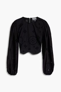Укороченная блузка из хлопка с вышивкой англезской вышивки GANNI, черный