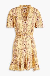 Платье мини Suzette из атласного твила с поясом и цветочным принтом SANDRO, желтый