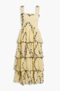 Многоярусное платье миди из плиссированного шифона с цветочным принтом GANNI, желтый