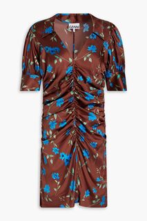 Платье мини из эластичного атласа со сборками и цветочным принтом GANNI, коричневый