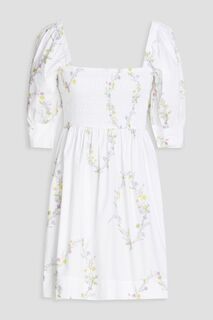 Платье мини из хлопкового поплина с цветочным принтом и сборками GANNI, белый