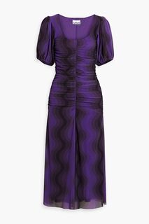 Платье миди из эластичной сетки со сборками и принтом GANNI, фиолетовый