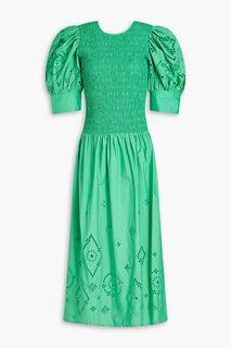 Платье миди из хлопка с присборенной вышивкой и английской вышивкой GANNI, зеленый