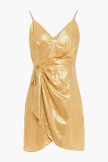 Льняное платье мини с драпировкой и эффектом металлик SANDRO, золотой