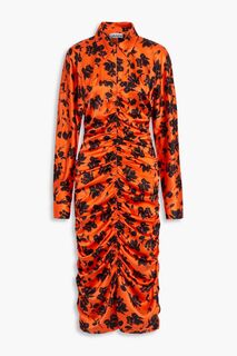 Платье-рубашка миди из смесового шелкового атласа со сборками и цветочным принтом GANNI, оранжевый