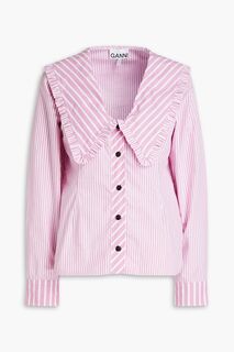 Блузка из хлопкового поплина в полоску с оборками GANNI, розовый