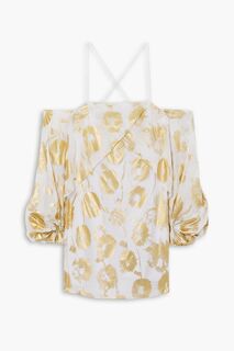 Мини-платье с открытыми плечами и металлизированным цветочным принтом из хлопковой вуали HALPERN, золотой