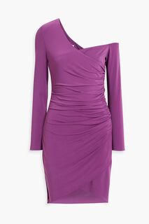 Мини-платье из джерси с открытыми плечами и сборками HALSTON, фиолетовый