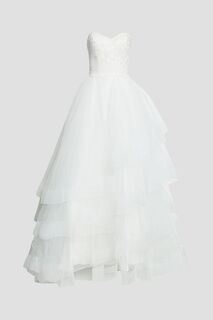 Многоярусное свадебное платье из тюля без бретелек с кружевными вставками THEIA, белый