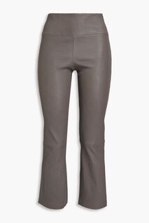 Укороченные кожаные расклешенные брюки с кокеткой THEORY, серо-коричневый