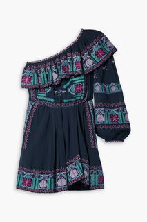 Мини-платье на одно плечо из хлопковой вуали с вышивкой ISABEL MARANT, синий