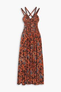 Платье макси Anya из шелкового крепа со сборками и цветочным принтом ULLA JOHNSON, оранжевый