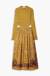 Платье миди из ребристой вязки и тафты Marcellina с принтом и вырезами ULLA JOHNSON, шафрановый