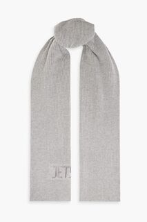 Кашемировый шарф в рубчик с меланжевой вышивкой JETSET, серый