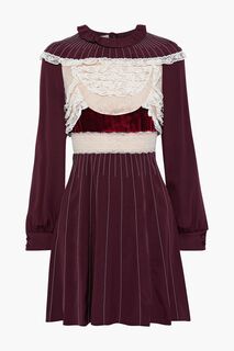 Мини-платье из шелкового джерси с бархатной отделкой и кружевными вставками шантильи VALENTINO GARAVANI, бордовый