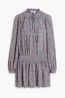 Платье мини из шелкового крепдешина Essex со сборками и цветочным принтом JOIE, синий