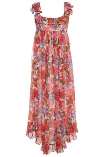 Платье макси из шелкового крепона с оборками и цветочным принтом ZIMMERMANN, коралловый