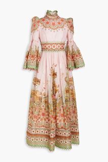 Платье макси из льна и шелка с принтом из бисера ZIMMERMANN, розовый