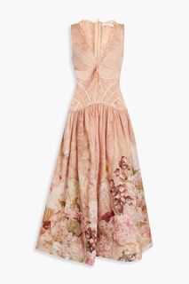 Платье макси из шелка и льна с кружевными вставками и цветочным принтом ZIMMERMANN, античная роза