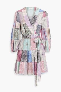 Платье мини из крепа с запахом и принтом в стиле пэчворк ZIMMERMANN, сиреневый