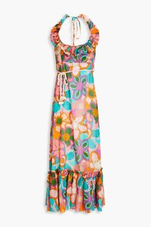 Хлопковое платье миди с воротником-халтер и оборками Lola с цветочным принтом ZIMMERMANN, разноцветный
