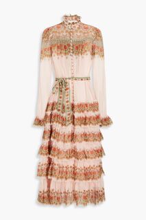 Ярусное платье миди из шелкового крепона с цветочным принтом ZIMMERMANN, розовый