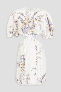 Льняное платье мини с вырезом и цветочным принтом, отделанное крючком ZIMMERMANN, белый