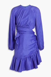 Льняное платье мини с оборками и вырезом ZIMMERMANN, синий