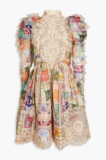Мини-платье из льна и газа с кружевными вставками и цветочным принтом ZIMMERMANN, разноцветный