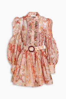 Платье-мини из льна и шелка с поясом и цветочным принтом ZIMMERMANN, персиковый