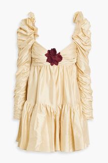 Платье мини из шелкового шантунга со сборками и цветочной аппликацией ZIMMERMANN, кремовый