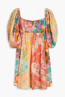 Платье мини из хлопка и мусса со сборками и цветочным принтом ZIMMERMANN, персиковый
